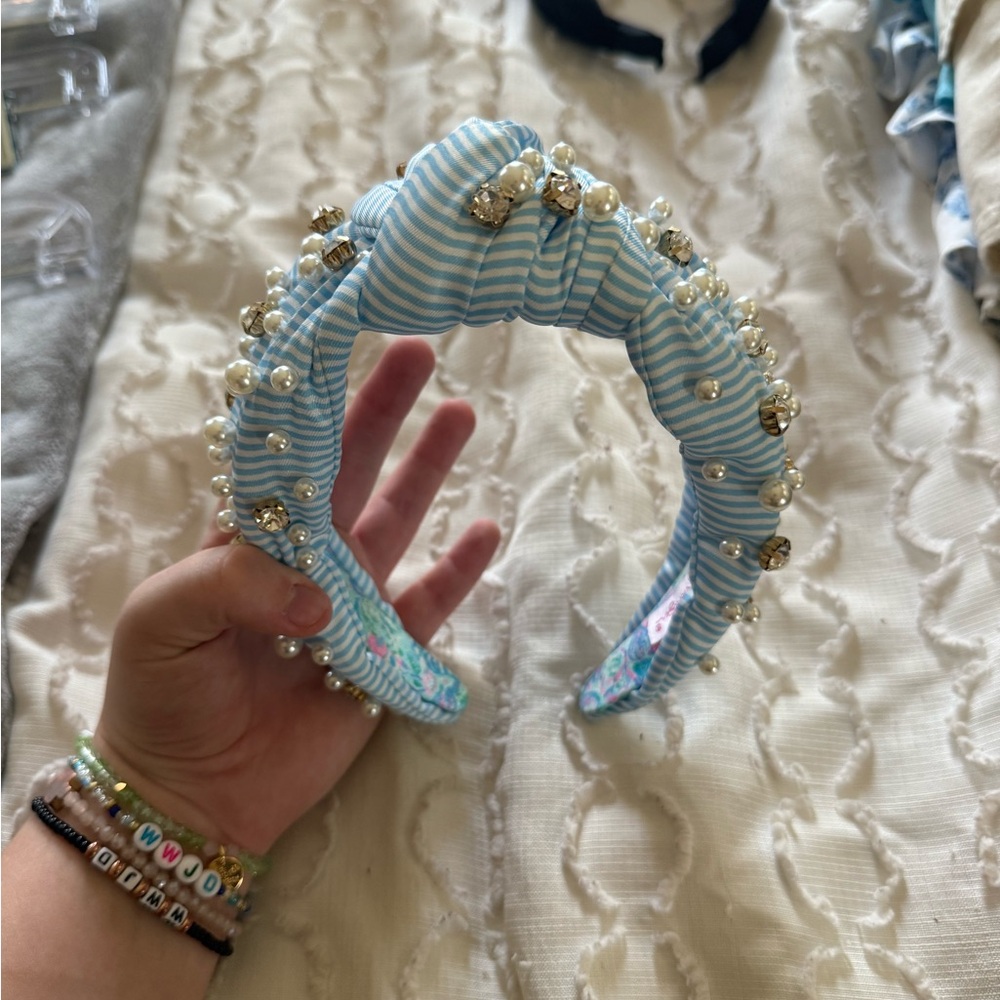 Blue Striped Headband with Pearls and Gems